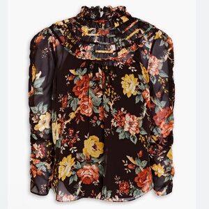 Veronica Beard Ruffle Ares Floral Print Top Small Oxblood Multi Silk Georgette